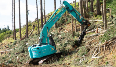 Forestry work done by a hunger excavator with chaingrip attachments